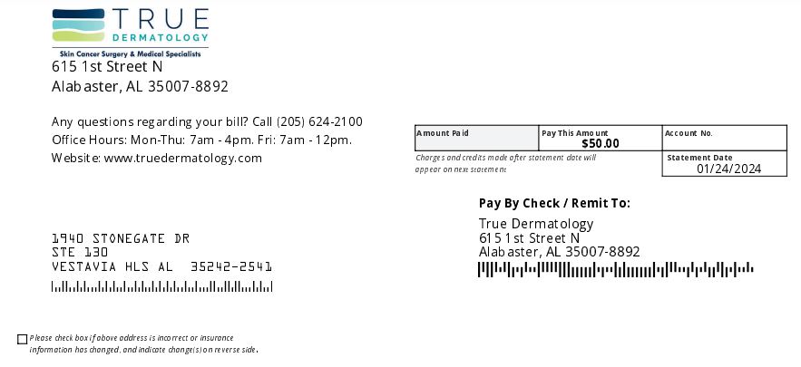 Photo of a True Dermatology statement with an account number that includes numbers and starts with MM